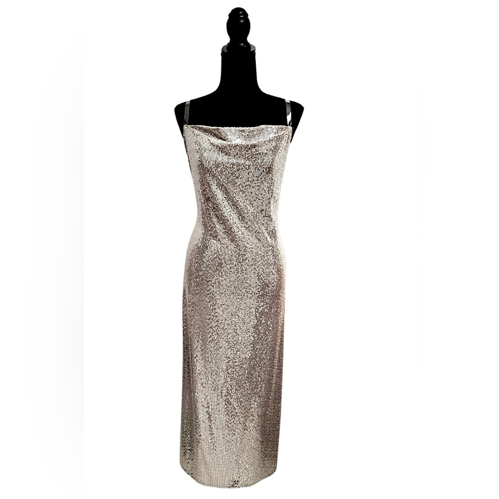 Bebe Silver Sequin Slip Dress - Glamorous Partywear - Large